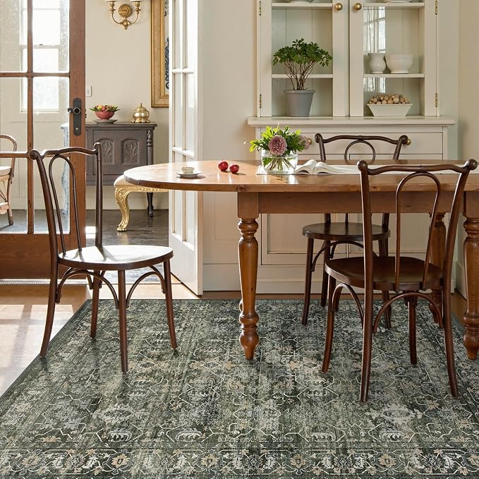 Lahome Margot Vintage 5x7 Area Rugs - Washable Non-Slip Boho Living Room Rugs for Under Table, Green Low Profile Soft Faux Wool for Bedroom, Dinning Room, Nursery, Playroom