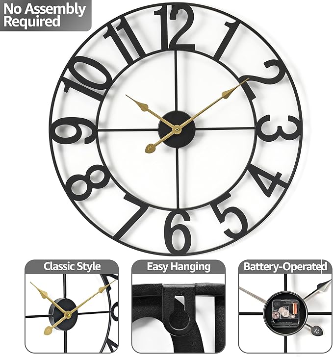 Sorbus Large Wall Clock for Living Room Decor - Wall Clock for Kitchen - 16 inch Big Wall Clock Decorative - Metal Wall Art - Analog Large Clock for Bedroom, Home, Kitchen, Office, Wall Decor (Black)