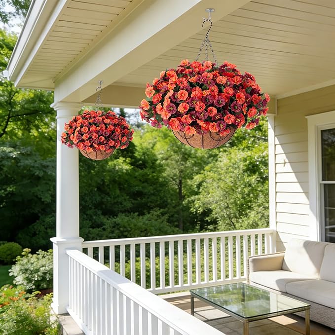 Ammyoo Artificial Hanging Flowers with Basket, Faux Silk Petunias Flower Arrangement, Coconut Lining with Morning Glories Fake Plants Patio Garden Porch Deck Spring Summer Decor(Orange Brown)