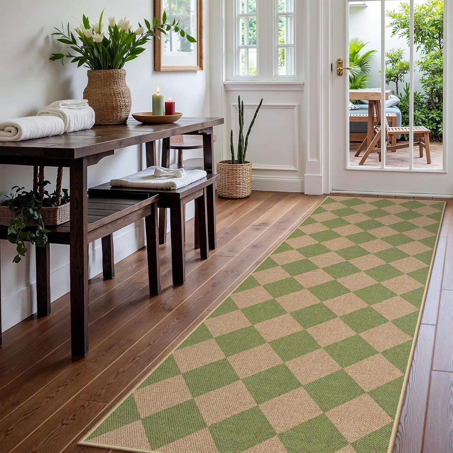 Lahome Checkered Green Runner Rug, 2x8 Carpet Runners for Hallway 8ft Non Slip Entryway Rug, Farmhouse Checkerboard Non Shedding Kitchen Mats for Floor Laundry Corridor