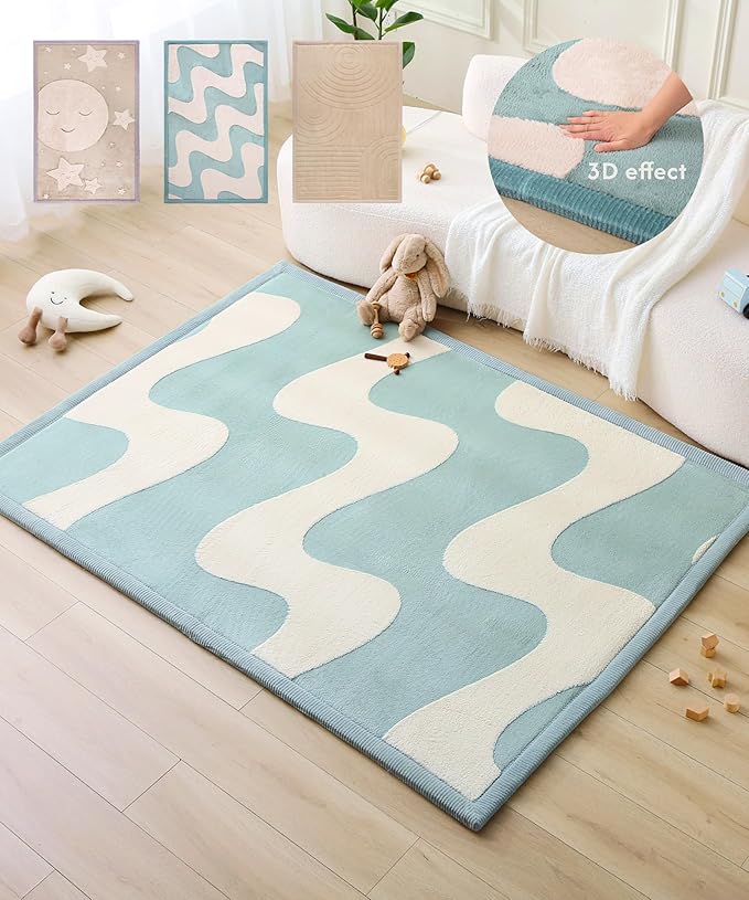 Hakuna Matte CloudRise Baby Play Mat for Floor 60" x 80" Waves – Coral Velvet Memory Foam Rug for Crawling & Cozy Play – Non-Slip, Water-Resistant, Easy-CareTummy Time Mat, Playmat for Playpen