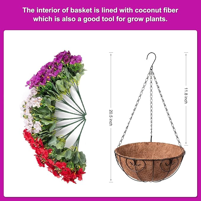 Artificial Fake Hanging Plants Flowers Basket for Spring Outdoor Decoration, Faux Silk Daisy UV Resistant Look Real with Eucalyptus Leaves Summer Decor for Home Patio Garden Outside(Red Purple White)