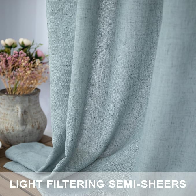 Aqua Curtains 84 Inch Length for Living Room Pair Set Back Tab Pocket Linen Panels Semi Sheer Blue Green Curtains for Bedroom Kids Teen Boys Coastal Beach Farmhouse Decor Seafoam Mint Teal Grey Gray