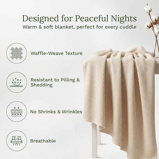 Organic Cotton Twin Blanket - GOTS Certified, Soft, Luxurious, Lightweight, All-Natural and 100% Cotton Waffle Weave Blanket for Toddlers, Teens & Adults - 68"x92" (Ivory - Twin/Twin XL)