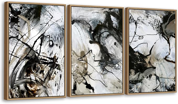 Large Modern Painting Wall Art for Living Room Float Framed Art Set of 3 Abstract Canvas Pictures Black and White Minimalist Artwork Canvas Prints for Bedroom Home Office Wall Decor 24X36inX3pcs