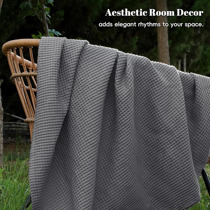 PHF Pre-Washed 100% Cotton Waffle Weave Blanket Queen Size for Bed,Snag Proof Throw Blanket for Couch Spring Summer Lightweight Breathable,Machine Washable, Home Decor Gift - Charcoal