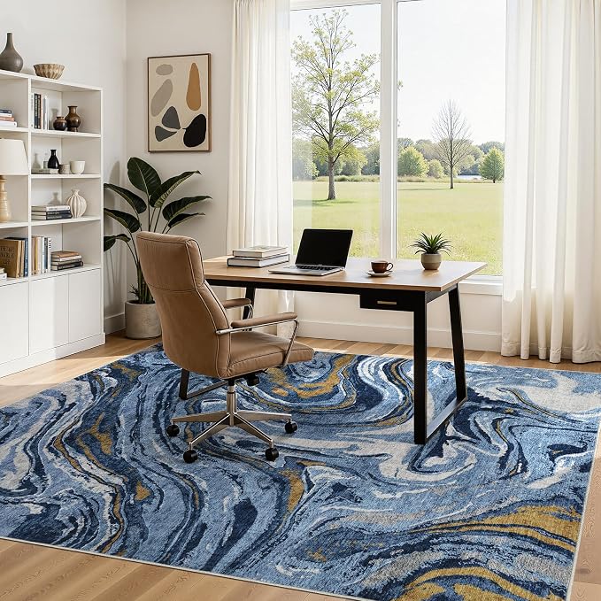 DMOYEST 7x9 Area Rug for Living Room - Washable Neutral Modern Abstract Rugs Soft Non-Slip Carpet Low Pile Indoor Floor Mat for Bedroom & Dining Room Decor for Families with Kids and Pets - Dark Blue