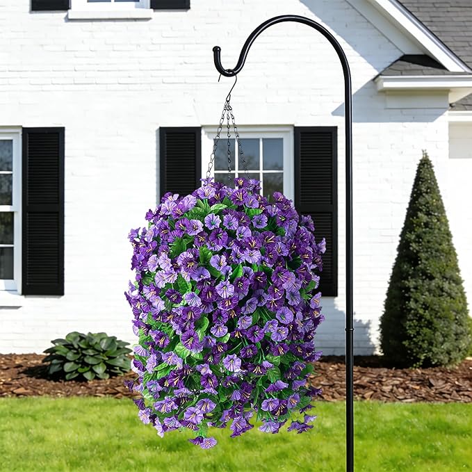 INXUGAO Artificial Flowers with Hanging Basket, Outdoor Faux Plants Silk Morning Glory Vines, Fake Green Arrangement for Garden Patio Spring Summer Decor(4 pcs,Purple)