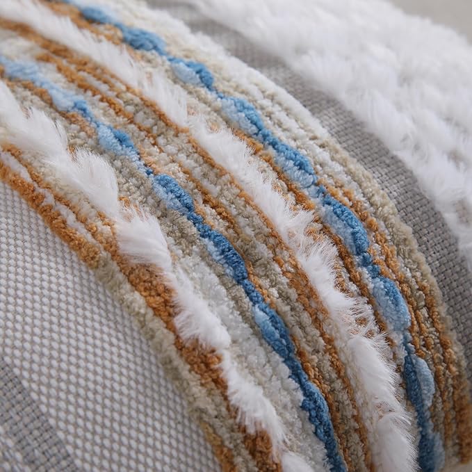 Boho Throw pillow covers 18x18 set of 2 farmhouse decorative Couch pillow covers neutral Accent throw pillows covers striped outdoor cushion covers square textured chenille pillow cases for sofa bed