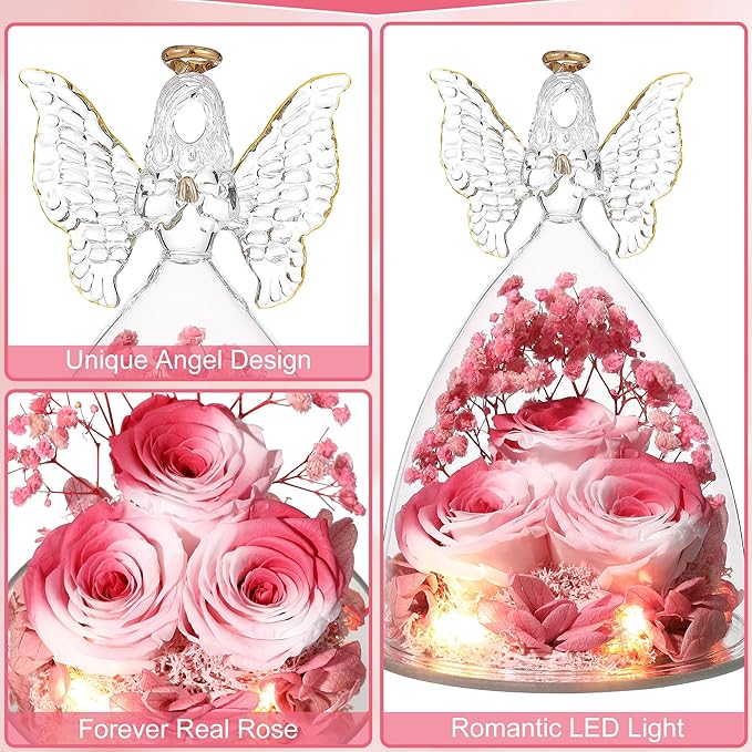 Mothers Day Rose Gifts for Women Preserved Real Flower in Glass Angel Figurines Roses for Delivery Prime Birthday Gifts for Mom Grandma Girlfriend Wife Her, Pink White
