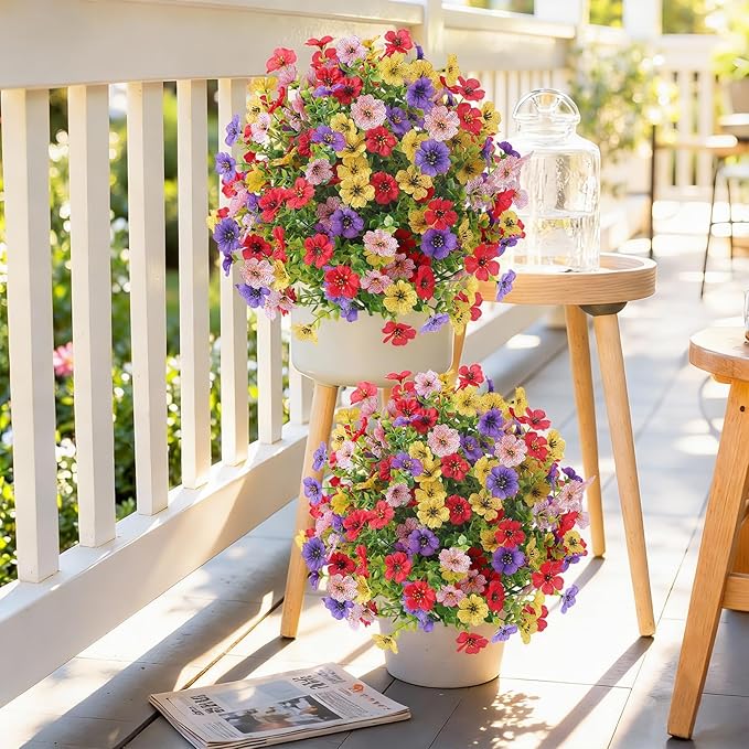 Alupssuc 2Pcs 20" Artificial Topiary Ball Flowers, Spring Outdoor Decoration with Spike, UV Resistant Faux Summer Plants, Faux Bushes Plants, Red Deep Purple Yellow Pink for Garden, Porch Decor