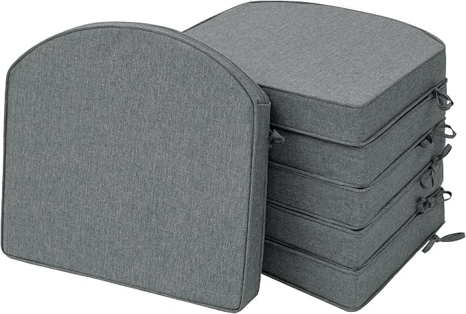 Outdoor Chair Cushions, Fade-Resistant & Water-Resistant, D Shaped Patio Furniture Seat Chair Pads Replacement with Ties, Non-Slip Bottom, Removable Cover, Set of 6, 18.5 x 16 Inch, Dark Grey