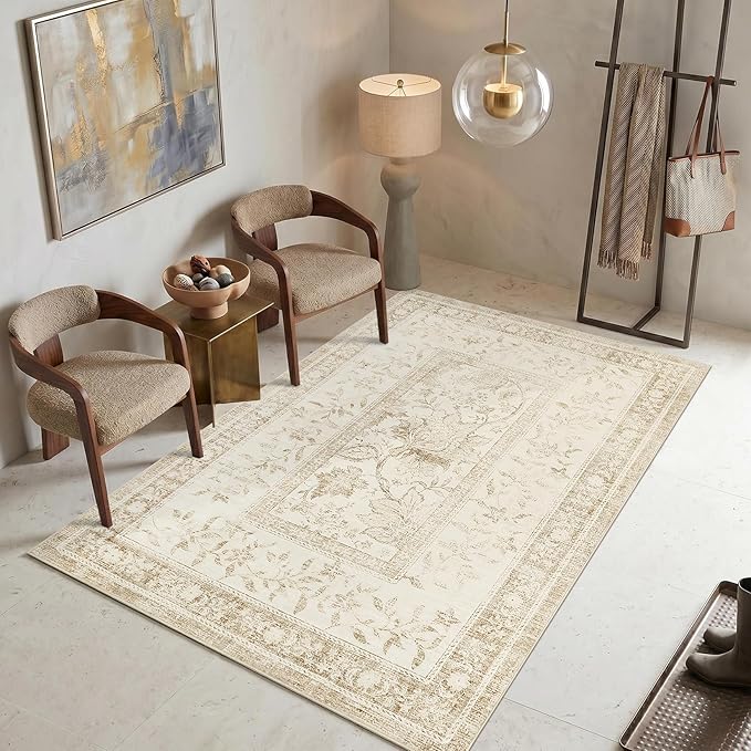 GarveeHome Vintage Beige Area Rug 5x7 Washable Cottage Core Retro Farmhouse Low-Pile Stain Resistant Non-Slip Rugs for Bedroom Living Room Nursery Kitchen Home Office TPE Backing Indoor Decor