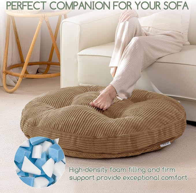 HIGOGOGO 35" Floor Pillow Cushion for Adults, Meditation Cushion Pillow, Extra Large Square Floor Sitting, Tufted Corduroy Cover for Tatami Living Room or Yoga, Coffee