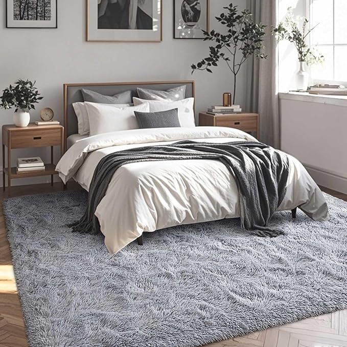 FinRèc Soft Grey Rugs for Bedroom Living Room, 3x5 Feet Fuzzy Shaggy Area Rug, Non-Slip Fluffy Furry Shag Rug for Nursery Kids Room Dorm Room Home Decor, Indoor Plush Floor Carpet