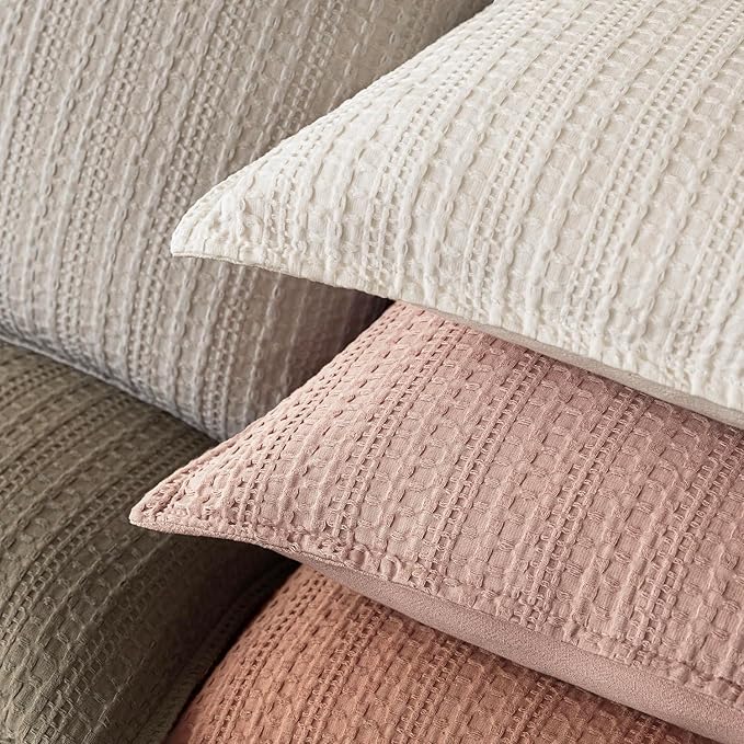 Foindtower Set of 2 Decorative Cotton Waffle Weave Throw Pillow Covers Euro Shams Cushion Covers Accent European Pillowcase for Bed Couch Sofa Bedroom Living Room Home Decor 24×24 Inch Dusty Pink