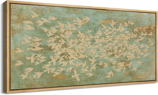 MUDECOR Extra Large Framed Canvas Print Wall Art Rustic Birds in Flight Abstract Pattern Antique Retro Fine Art Illustrations Decorative Colorful for Bedroom - 60"x30"