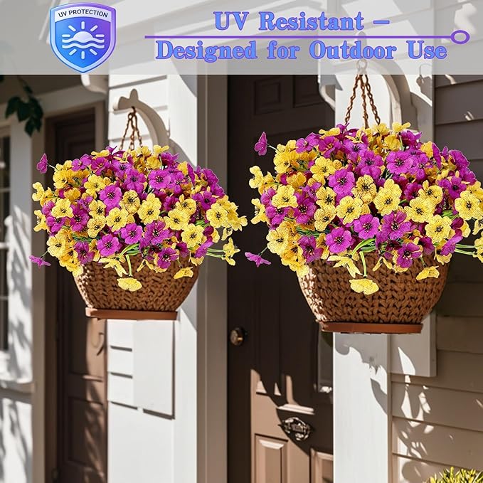 Geegoods Artificial Mums Flowers for Outdoors, 16 Bundles UV Resistant Fake Plastic Purple and Yellow Flowers for Patio Porch Spring Summer Decor