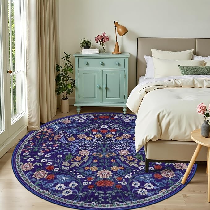 Round Area Rug for Living Room: 8 ft Floral Washable Circle Rug Soft Boho Non-Slip Carpet Indoor Floor Stain Resistant Low Pile Small Circular Rug for Bedroom Entryway Kitchen Nursery Blue