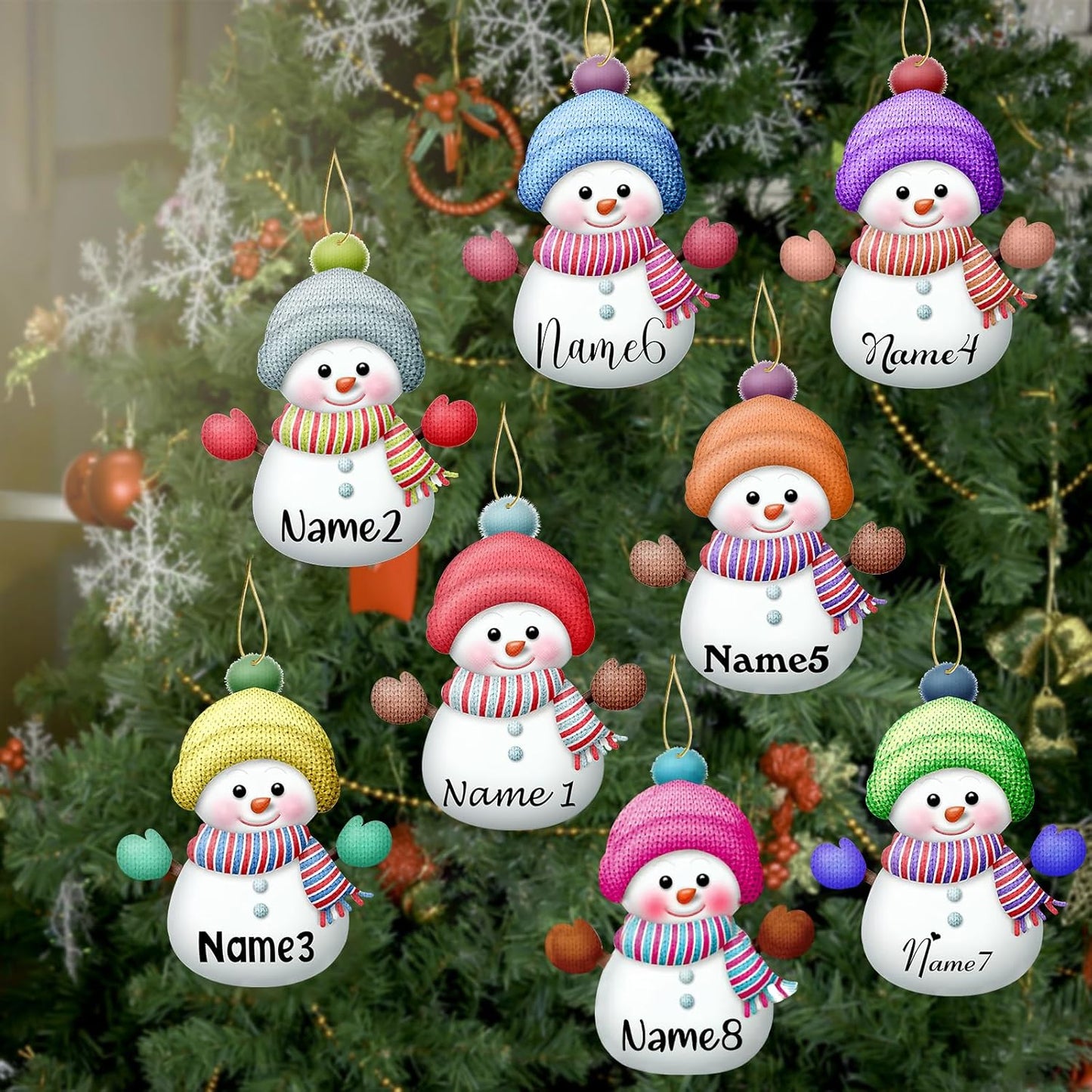 Personalized Christmas Ornaments with Names Snowman 8 Pcs Custom Family Ornament Customized Xmas Tree Hanging Wood Decoration Gift 3.15"（8cm）