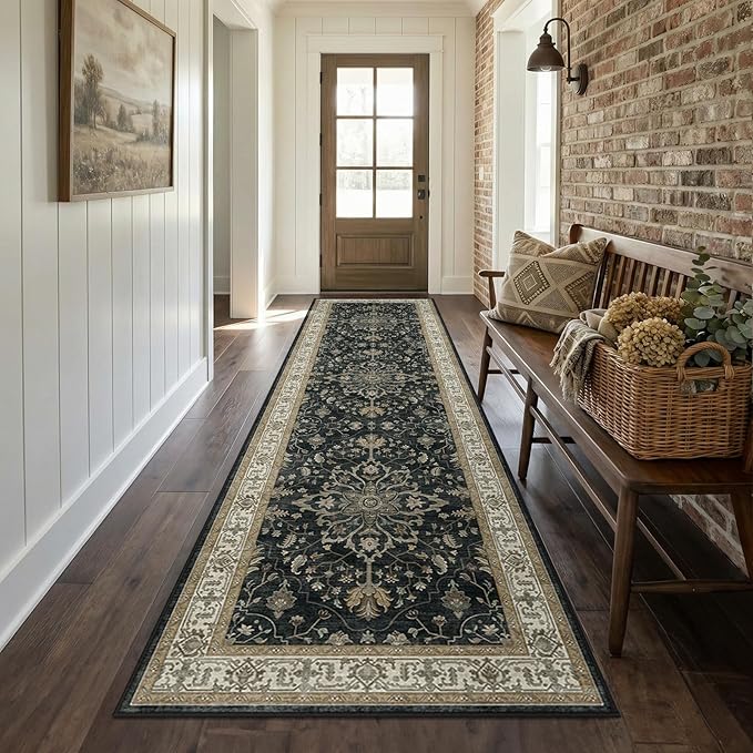 RELEANY Area Rugs 2'6''x8' Runner Rug Non Slip Washable for Kitchen Hallway Bedroom Beside Laundry Room Bathroom Rug, Floor Carpet, Vintage Black Brown Neutral
