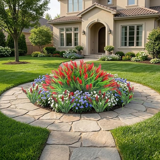 Rowfad 22 Pcs Artificial Outdoor Flowers Fake Outdoor Plants Monkey Grass with Red Flowers for Pot Decor for Window Garden Patio Hanging Planter Pathway Front Porch (22, Red)