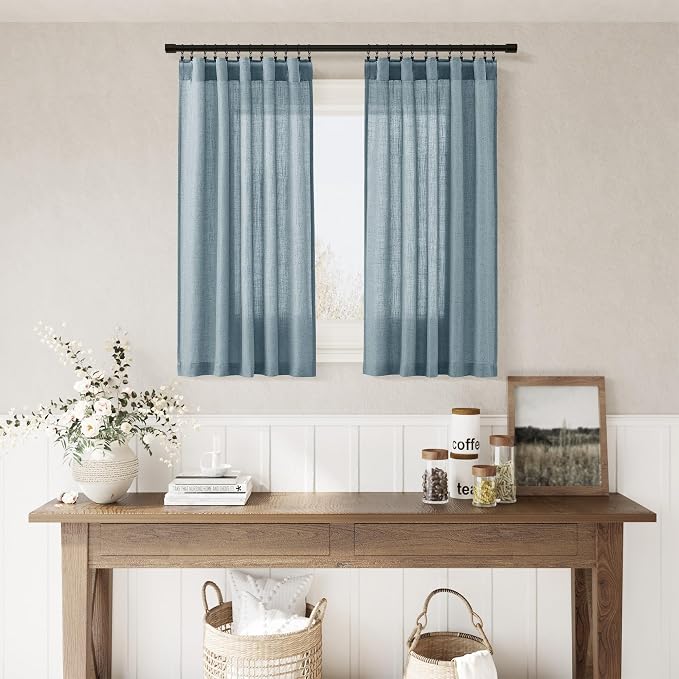 Light Blue Linen Kitchen Curtains 24 Inch Length Cotton Linen Blend Light Filtering Short Tier Curtain with Rod Pocket Back Tab for Small Windows Cafe Retro Bathroom Vintage 2 Panels RV 36Wx24L