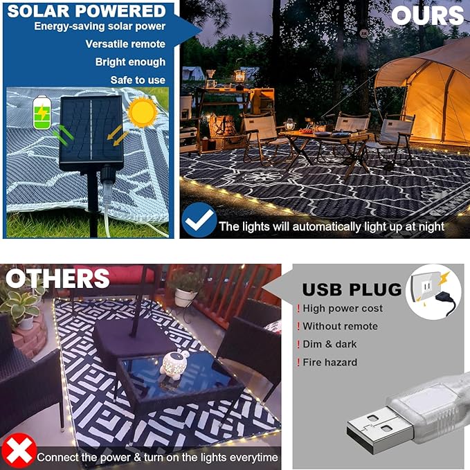 Lighted Outdoor Rug 8x10 ft, Solar Powered Patio Rug with 113 LED Lights, Waterproof Plastic Reversible Outdoor Straw Rugs, Rugs Mat for House Deck RV Camping Patio Beach Balcony Picnic (Blue White)