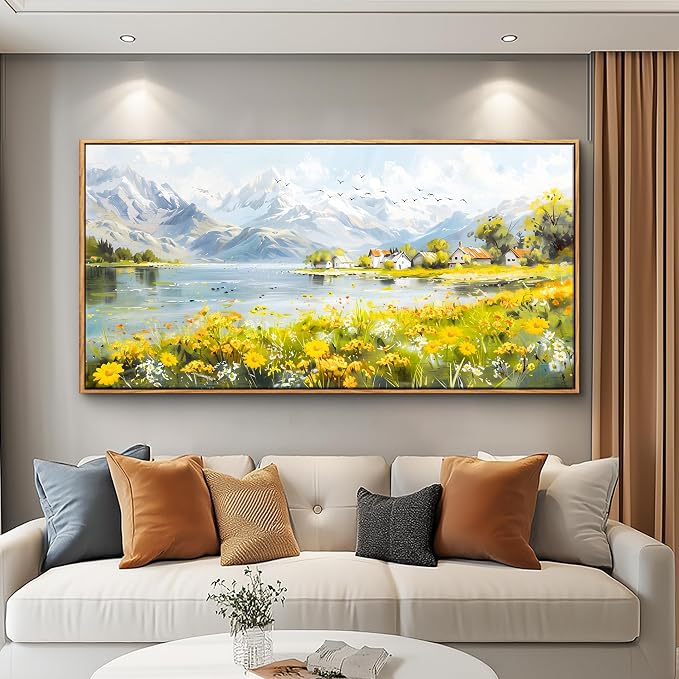 XIGUANGART Framed Canvas Wall Art Vintage Decor, Landscape Wall Art, River with Flowers Art, Modern Farmhouse Decor, Cottagecore Bedroom Bathroom Office Decorations, Living Room Pictures，20"x40"