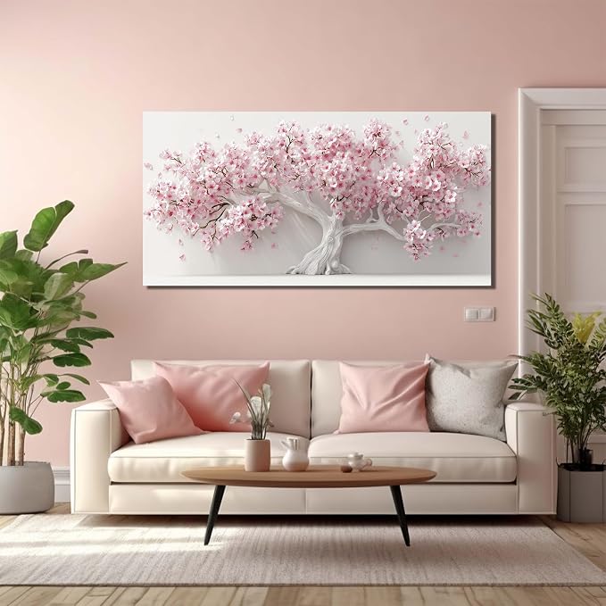 AOZEMI Pink Wall Art for Living Room Bedroom Home Office Large Tree Wall Decor Flower Pictures Art White Artwork Modern Floral Canvas 24"x 48"