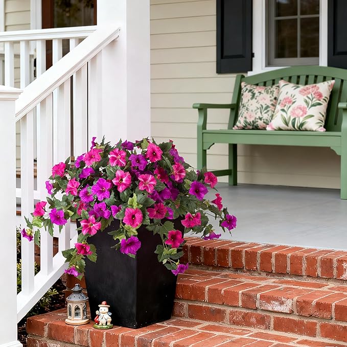 Artificial Fake Flowers for Outdoor Spring Decoration, 2PCS Faux Silk Petunias No Fade UV Resistant Flowers for Outside Garden Porch Yard Balcony Patio Realistic Indoor Decor(Fuchsia)