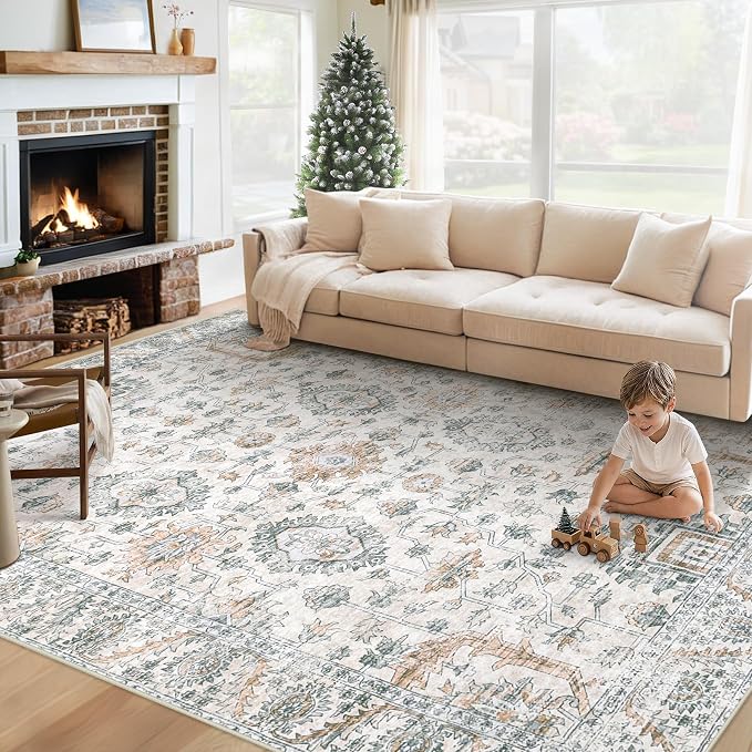 XLUEZ Area Rug 6x9 Living Room Rug, Machine Washable Vintage Distressed Boho Area Rug Non-Slip Soft Low Pile Large Indoor Rugs for Bedroom Kitchen Dining Room Office(Brown Green,6'x9')