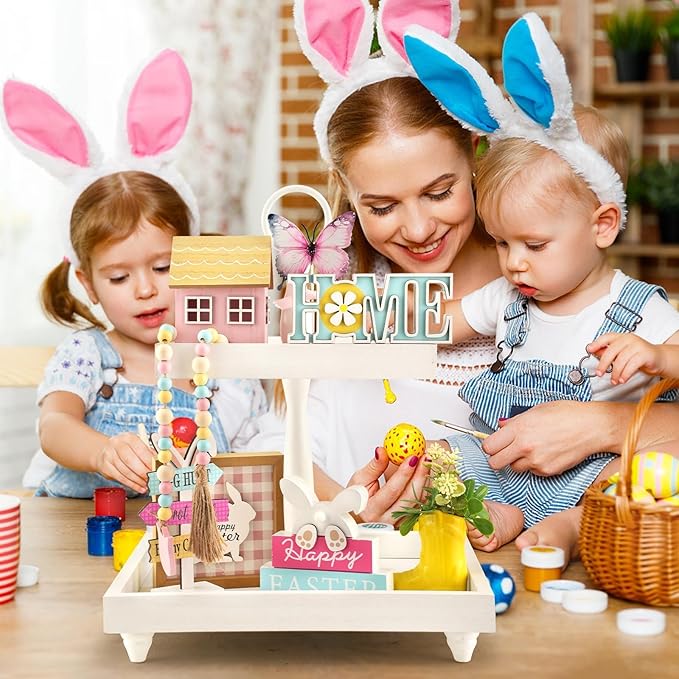 Spring Easter Decorations 8 Pieces Tiered Tray Decor Set, Cute Tabletop Easter Spring Décor for Home Shelf Mantel Office Table Coffee Bar Indoor Holiday Decoration Ornament Tray Objects