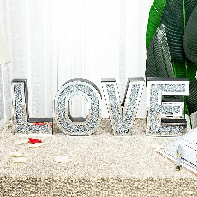 SHYFOY Love Letter Sign Living Room Decor, Mirrored Love Home Decoration for Tabletop & Wall-mount, Crystal Diamond Decorative Wall Mirrors Set for Wedding Centerpiece, Independent (4 PCS)