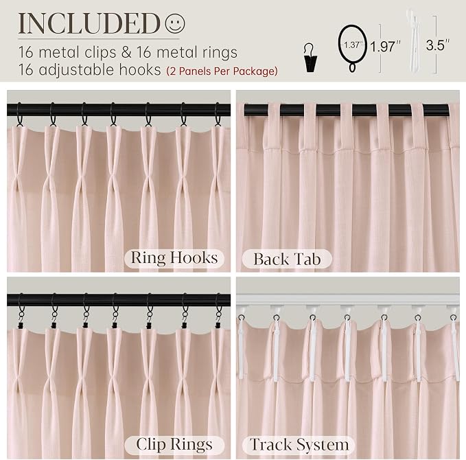 Light Pink Linen Curtains Pinch Pleated 108 Inch Length 2 Panels for Nursery Baby Girls Bedroom Semi Sheer Light Filtering Pleated Linen Curtains for Living Room Bedroom Dusty Blush Pink