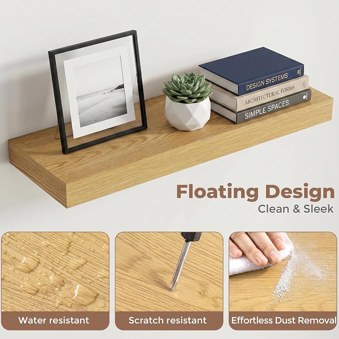 24 Inch Floating Shelves for Wall, 8"D Wood Storage Shelves, Oak Finish | Engineered Wood, Invisible Bracket, Large Storage, Easy Install, Hold Up to 44lbs, Living Room, Bathroom, Bedroom, Kitchen