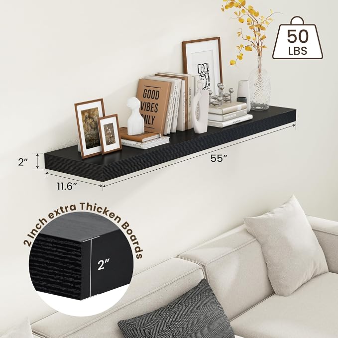 FLYJOE Deep Floating Shelves, 55 Inch Black Shelves Set of 1 | 12 Inch Deep Shelves for Wall, 55'' x 12'' Rustic Black Wood Shelves for Bathroom Living Room Laundry Room Kitchen