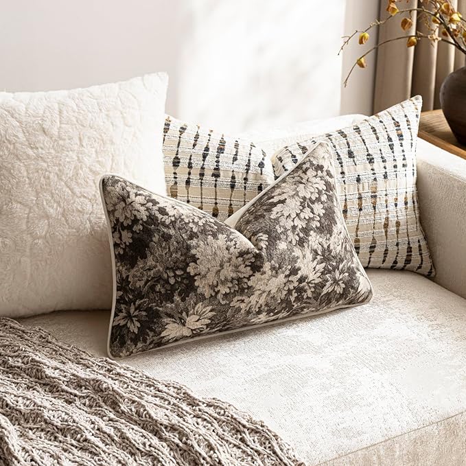 DEZENE Pack of 2 Vintage Floral Pillow Covers 12x20 Boho Farmhouse Accents Chenille Rectangular Lumbar Decorative Throw Pillow Cases for Living Room Couch Bed Home Decor, Grey
