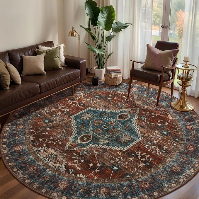 Tangsoo Oriental Round Rugs 5ft, Washable Circle Rug, Non Slip Boho Round Area Rug, Vintage Low Pile Circular Rugs, Round Carpet for Bedroom Living Room Nursery Dorm Office Rust/Blue