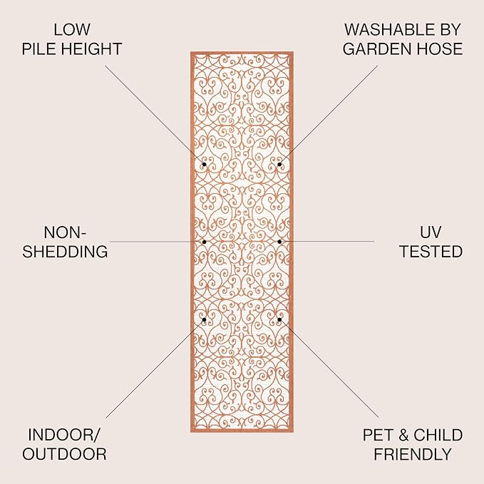 JONATHAN Y Vintage Filigree Indoor Outdoor Runner Rug 2X8 Cream/Orange, Madrid Textured Weave for Backyard, Patio, Porch, Easy-Cleaning, High Traffic, Pet-Friendly, Non-Shedding (SMB107L-28)