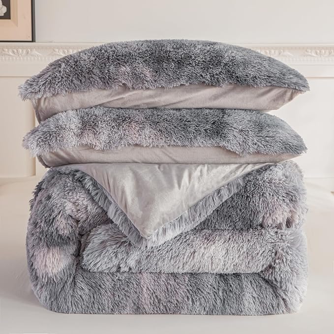 chovy Faux Fur Plush Tie-Dyed Black White Gray Colorful Comforter Sets Twin/Full Size - Ultra Soft Shaggy Flannel Velvet Fluffy Fuzzy 3PC Bedding Set (Comforter x 1 Pillowcases x 2)