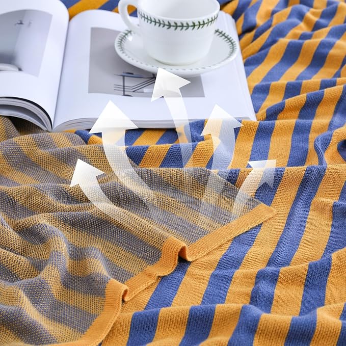 BOV Knit Lightweight Throw Blanket - 100% Viscose Super Soft Breathable Comfy Decorative Throw Blanket for Chair Couch Sofa Bed, Perfect Self Care Gifts for Women & Men, Mustard & Navy Stripe 50"x60"