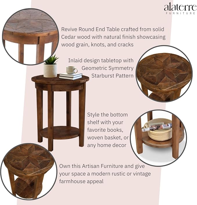 Alaterre Furniture Revive 20 Inch Round End Table with Bottom Shelf for Storage, and Unique Wood Characters - Modern Rustic Living Room Furniture