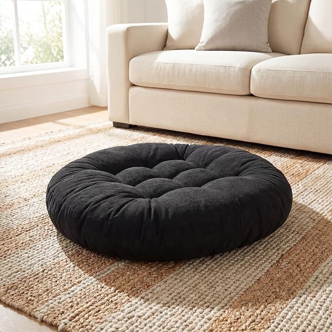 Funnymoom 35" Large Floor Cushion Round Meditation Floor Pillow Papasan Swing Cushion for Adults Oversized Playroom Pillows Reading Nook Big Pillow for Yoga Living Room Sofa Balcony(Black, Classic)