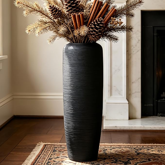 Large Rustic Ceramic Black Vase,23.6 Inch Tall Pottery Farmhouse Decor Floor Vase Vintage Flower Vases for Home Living Room Entryway Table Centerpiece Decor,Terracotta Vases,Wedding Gift