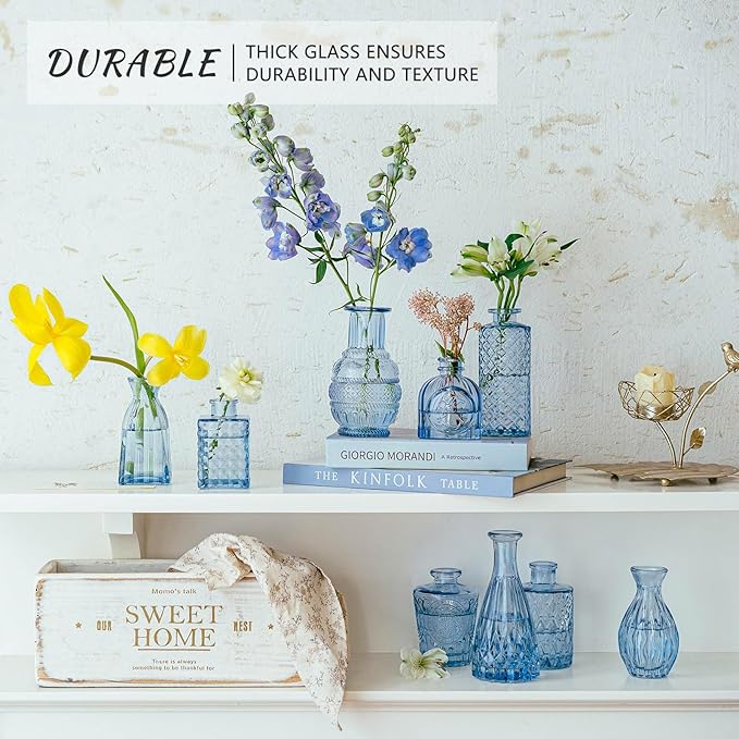 SUPMIND 16pcs Glass Bud Vase Set, Small Blue Flower Vases for Centerpieces in Bulk, Mini Vintage Vase for Wedding, Home Decor, Table Decoration