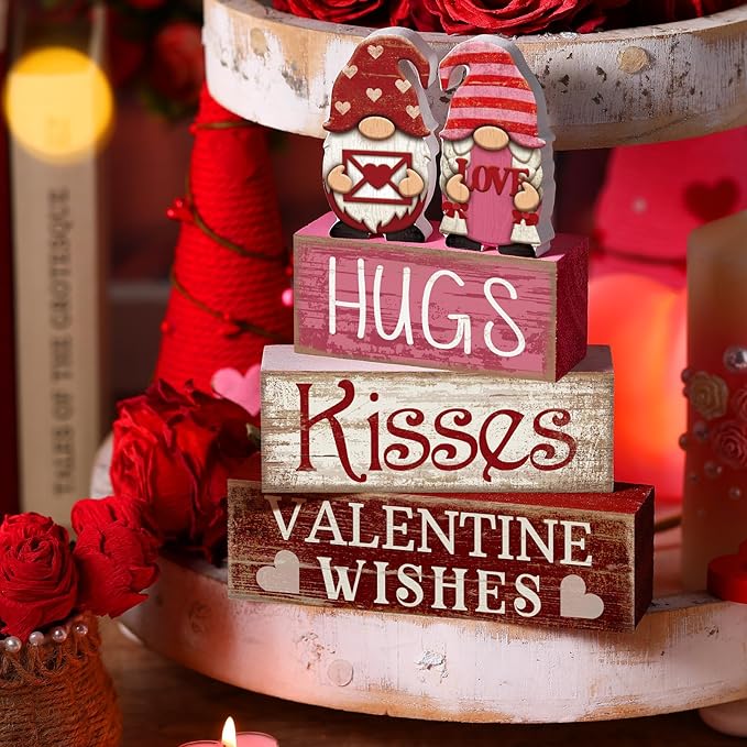 Lineshading 4 Pcs Valentine Day Table Decoration Pink Gnomes Valentine Centerpiece Valentine's Day Tiered Tray Decor Rustic Wooden Gnomes Heart Block Signs Red Pink White Valentines Decor for Home