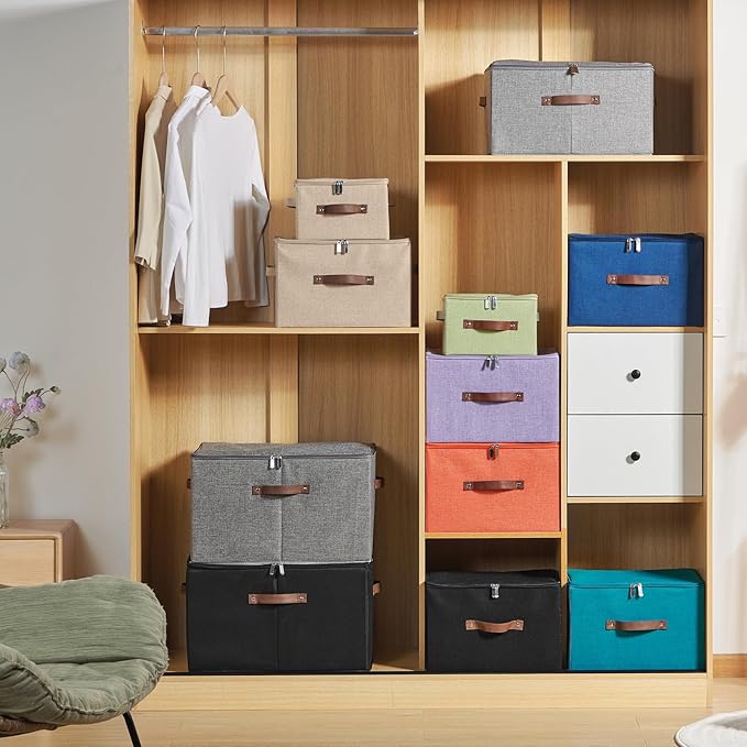 Storage Bins with Zipper Lid Cotton Linen Fabric Lidded Storage Baskets Boxes Foldable Washable Closet Shelf Clothes Organizer Container with PU Leather Handles (Deep Blue, Large)