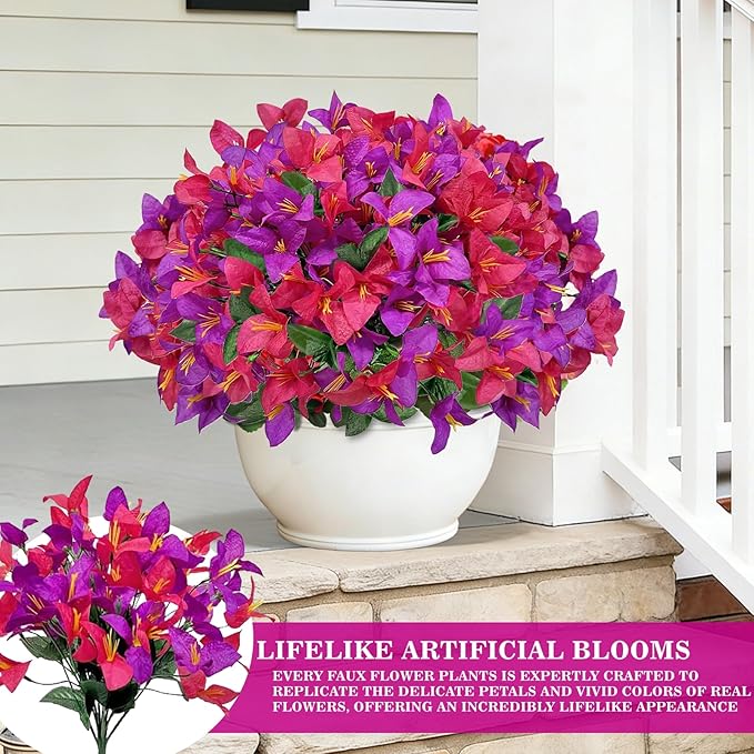 Artificial Fake Hanging Flowers Plants Basket for Outdoors, Faux Silk Bougainvillea in Planter UV Resistant Realistic Spring Summer Decoration for Outside Porch Patio Yard Home Decor (Purple Hotpink)