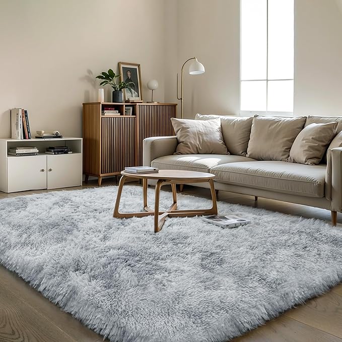 KICHOWUA Thick Area Rug Light Grey Fluffy Shag 3x5 for Bedroom, Soft Plush Fuzzy Shaggy Carpet, Thickened Washable Non Slip Cozy Furry Rugs for Living Room, Kids Baby Nursery Dorm, Tie-Dye Gray